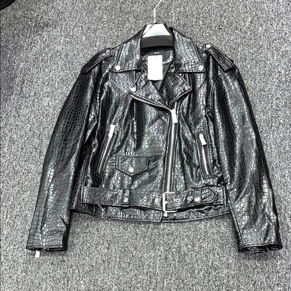 Mango Black Croc-Pattern Leather Jacket - Picture 2 of 4